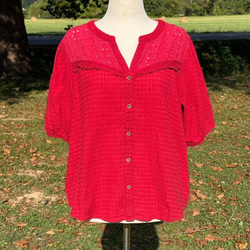 Knox Rose Red Eyelet Lace Yoke Button Front Gauze Blouse XXL Short Sleeve Boho